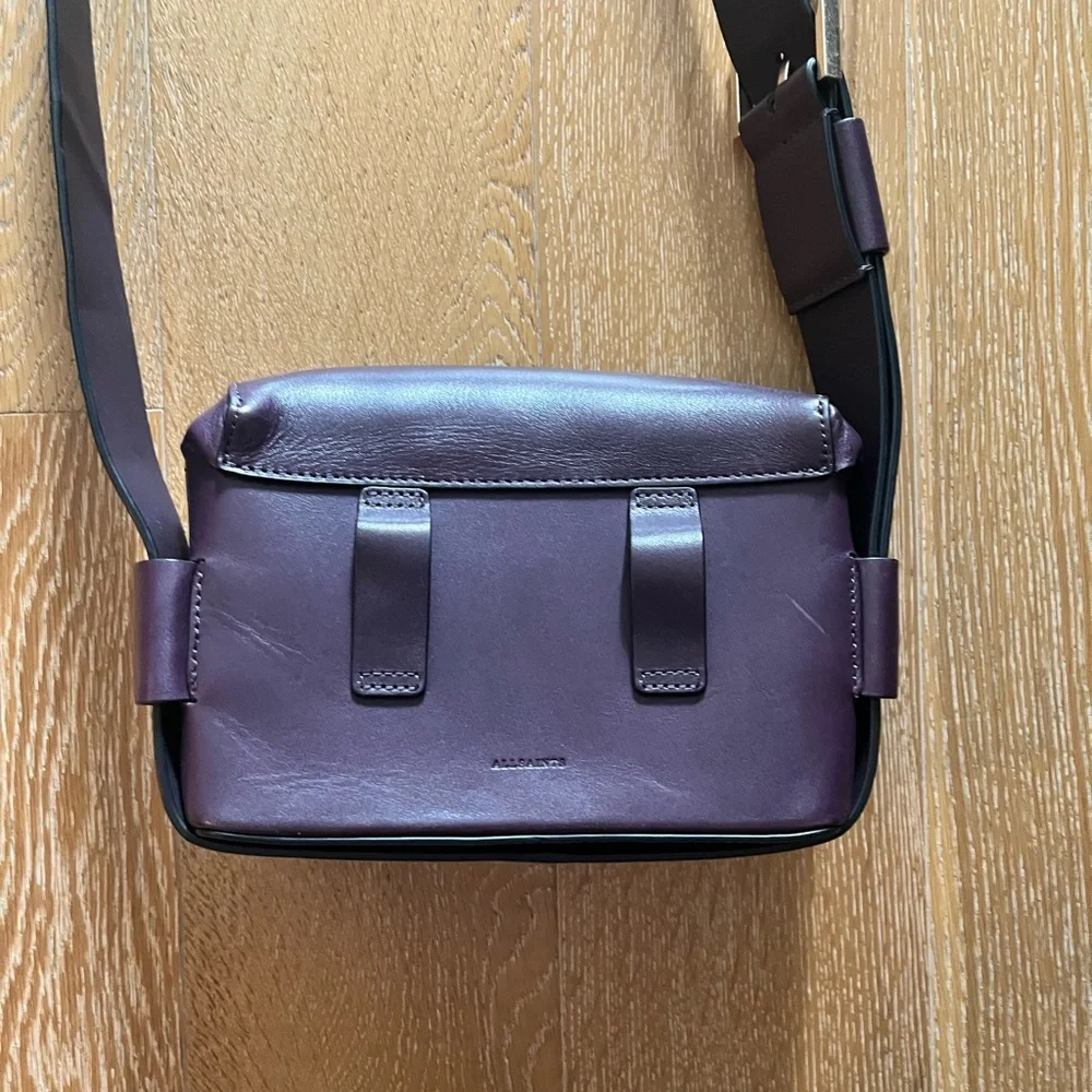 AllSaints Frankie Purple Leather Crossbody with Gold-Tone Lock - Picture 10 of 11